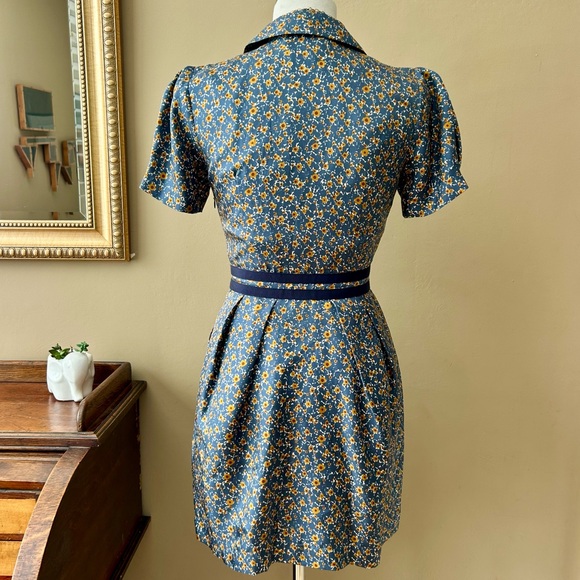 Orla Kiely Blue Floral Silk Mini Shirtdress Shirt Dress Retro Vintage 40s XS S - Picture 4 of 9